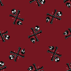 Black skeleton skulls and bones seamless pattern. Dark red blood background. Horror style.