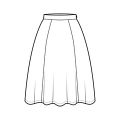 Skirt six gore technical fashion illustration with knee silhouette, semi-circular fullness, thin waistband. Flat bottom template front, white color style. Women, men, unisex CAD mockup