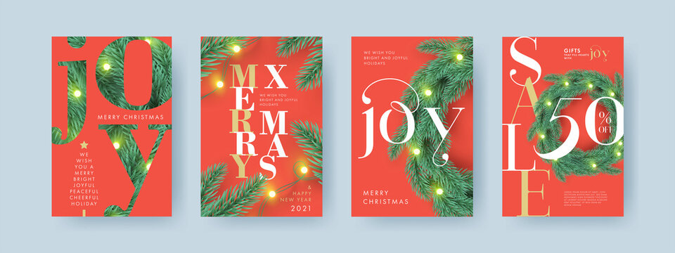 Merry Christmas and Happy New Year Set of backgrounds, greeting cards, Sale posters, holiday covers. Xmas modern 3d design with realistic fir tree branchesб Christmas wreath and garlands lights