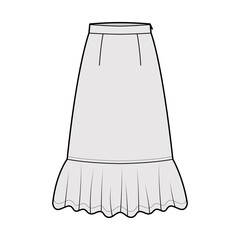 Skirt midi prairie dirndl technical fashion illustration with mid-calf lengths, semi-circular fullness, thick waistband. Flat bottom template front, grey color style. Women men unisex CAD mockup