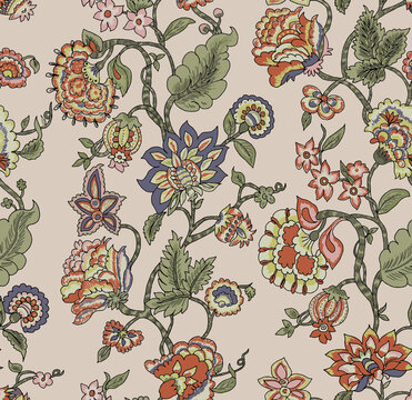Tiled flower pattern Flourish oriental ethnic background. Traditional  ornament with fantastic flowers and leaves. Wonderland motifs of paintings of ancient Asian fabric patterns.