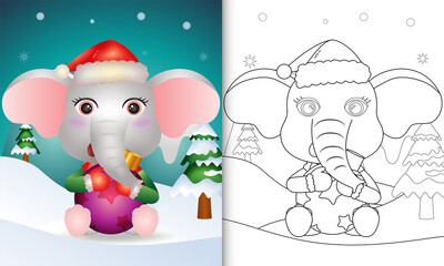 coloring book with a cute elephant hug christmas ball