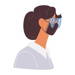 Young woman in formal clothes in protective face mask during covid-19 pandemic. Vector character head isolated on white