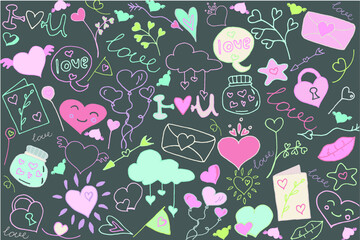 pattern with hearts and clouds on gray background