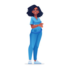 Female doctor nurse in blue uniform isolated afro american woman. Vector practitioner or pediatrician, therapist medic, healthcare clinic worker. Black african woman, emergency aid character
