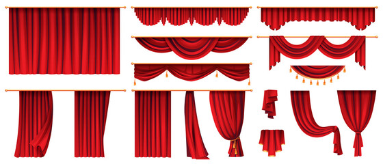 Set of red curtains isolated decorative stage cloth. Vector luxury cornice decor, domestic fabric interior drapery textile labrecque, scarlet silk velvet curtain. Theatre, cinema scenes decorations
