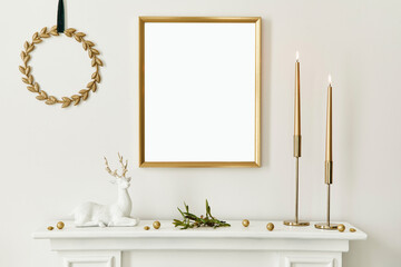 Christmas composition with gold mock up poster frame, white chimney and decoration. Christmas trees...
