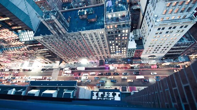 Slow motion aerial overhead view of Manhattan night traffic in slow motion, New York City, USA