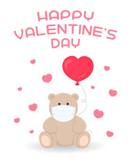 Valentine card. Teddy bear in mask with heart shaped balloon. Vector illustration.