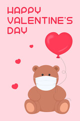 St Valentines Day card. Teddy bear in face mask. Vector illustration.