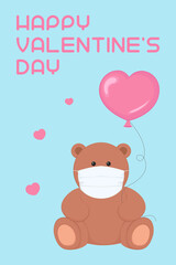 Valentines Day card. Teddy bear in face mask. Vector illustration.