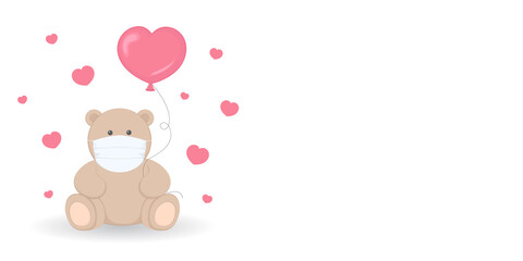 Valentines Day card with copy space. Teddy bear in face mask. Vector illustration.