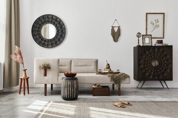 Modern ethnic living room interior with design chaise lounge, round mirror, furniture, carpet,...