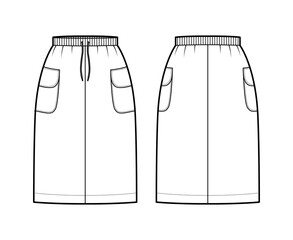 Skirt cargo technical fashion illustration with knee length, side pockets with flap, stretch drawstring waistband. Flat bottom template front, back, white color style. Women, men, unisex CAD mockup