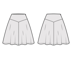Skirt yoke technical fashion illustration with above-the-knee lengths silhouette, semi-circular fullness. Flat bottom template front, back, grey color style. Women men unisex CAD mockup