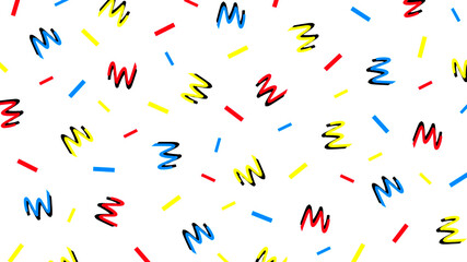 Seamless colorful memphis pattern background, pop art style abstract vector design. Hipster 80's disco style patterns, abstract red, blue and yellow colors poster, wallpaper, flyer, brochure or banner