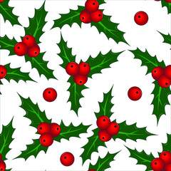 Christmas seamless pattern. Holly. Berries and leaves. Vector