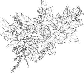 Realistic rose flower bouquet with leafs sketch template. Vector illustration in black and white for games, background, pattern, decor. Print for fabrics and other surfaces. Coloring paper, page, book