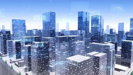 Fototapeta na wymiar Digital Communication Network Technology AI Big data City Building Business 3D illustration