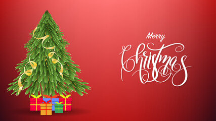 Christmas Holiday , Merry Christmas Calligraphy and Christmas  tree with gift on red background 