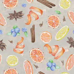set for mulled wine from citrus and spices and berries, pattern, watercolor