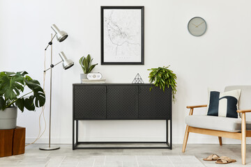 Modern retro concept of home interior with design grey armchair, coffee table, plants, mock up...
