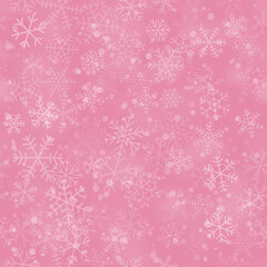 Christmas seamless pattern of snowflakes of different shapes, sizes and transparency, on pink background