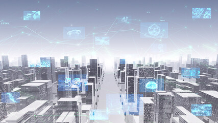 Fototapeta na wymiar Digital Communication Network Technology AI Big data City Building Business 3D illustration