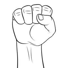 Raised Hand Clenched into Fist Symbolizing Power or Strength of Unity. Outline Concept of Power, Leadership, or Superiority. Thin Line Icon for Website Design. A Realistic Black and White Sketch