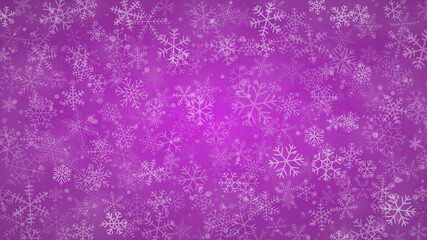 Christmas background of snowflakes of different shapes, sizes and transparency in purple colors