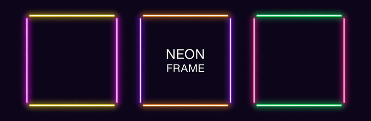 Neon square Frame. Set of quadrate neon Border in 4 outline parts. Geometric shape