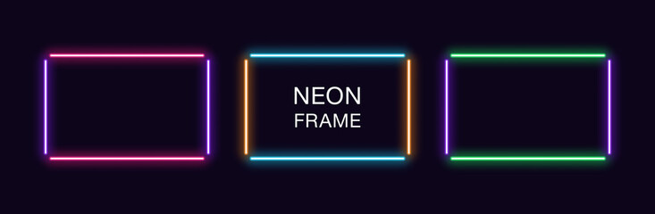 Neon rectangle Frame. Set of rectangular neon Border in 4 outline parts. Vector geometric shape
