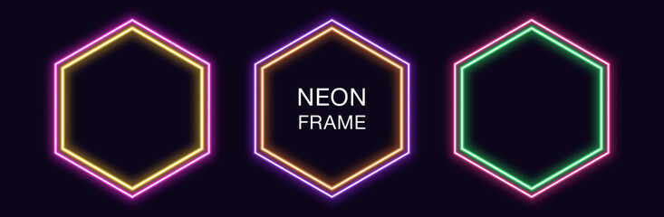 Neon hexagon Frame. Set of hexagonal neon Border with double outline. Geometric shape
