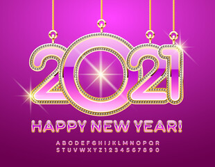 Vector stylish greeting card Happy New Year with Brilliant Ornate toys 2021. Pink and Gold luxury Font. Creative Alphabet Letters and Numbers