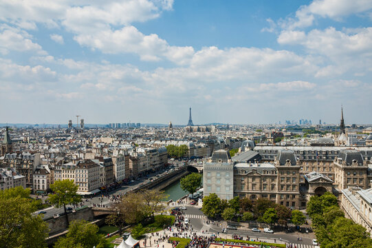 View from Notre-Dame Cathedral to Parvis Notre-Dame &ndash; Place Jean-Paul-II and the city of Paris, France