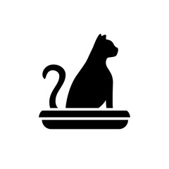 Symbol of a cat in a toilet. Home pet litter box with cat sitting in it. Animal pooping silhouette.