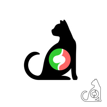 recommend clip art: Cat silhouette with stomach symbol. Pet animals food balance concept logo. Domestic cat sitting icon.