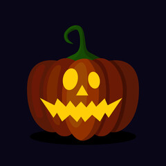 Orange pumpkin lantern with a scary face for Halloween. Festive decoration. Cartoon vector illustration on dark background
