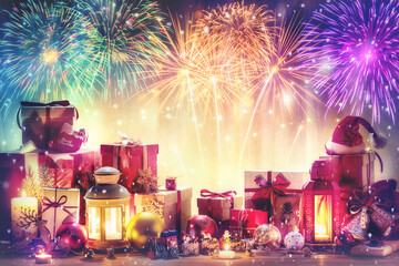 Merry Christmas and Happy New Year decoration for celebration firework with copy space