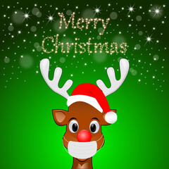 Reindeer wishing Merry Christmas with Covid-19 face mask - illustration