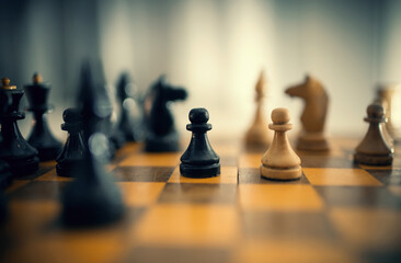 Wooden chess pieces on the chessboard.