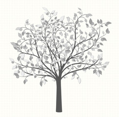 Drawing of a tree with leaves in gray vintage style on a notebook sheet