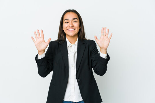 Young Asian Bussines Woman Isolated On White Background Showing Number Ten With Hands.