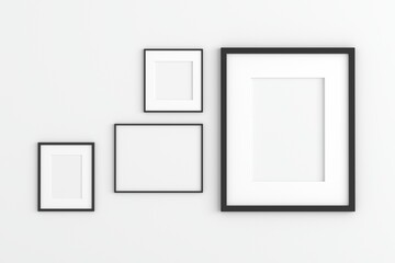 Empty photo frame for mockup in empty white room, 3D render, 3D illustration.