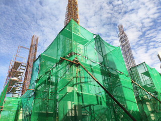 SHAH ALAM, MALAYSIA -AUGUST 6, 2020: Temporary staircase and scaffolding are used in the...
