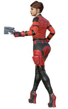 futuristic woman in a red dress with a gun