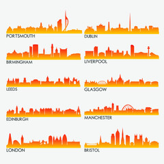 United Kingdom Skyline City Silhouette Design Collection. Vector Illustration Set Clip Art.