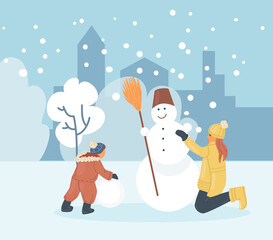 Obraz na płótnie Canvas Active people in winter city park. Winter time. Children characters make a snowman. Wintertime games and leisure activity for kids. Outdoor winter activities cartoon vector