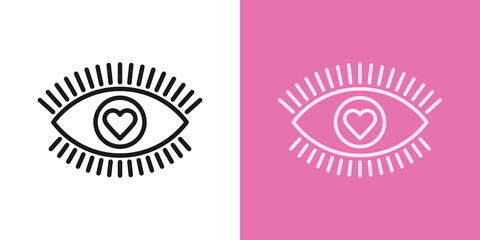 Outline love eye icon with editable stroke. Linear eye sign with heart iris, healthy vision