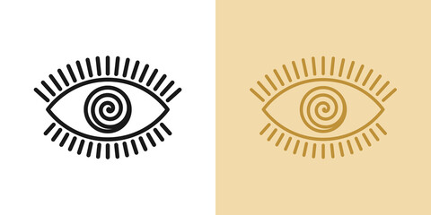Outline hypnotic eye icon with editable stroke. Linear eye sign with spiral iris, mesmeric vision